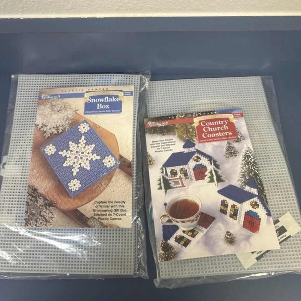 Lot Of 2 Needlecraft Shop Christmas Plastic Canvas Church Coasters Snowflake Box